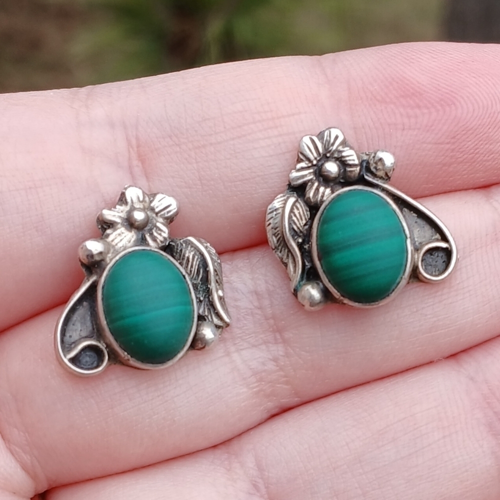 Vintage Carol Felley Sterling Silver and Malachite Earrings For Pierced Ears - Picture 1 of 7